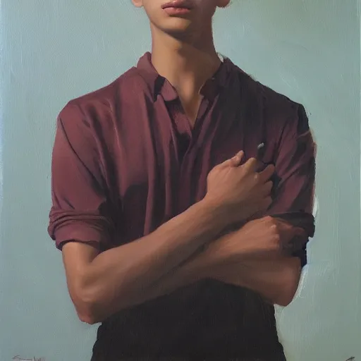 Image similar to oil painting by ilya kuvshinov, baugh casey, rhads, coby whitmore, of a youthful persian - indian college student, fair olive skin, refined features, high cheekbones, handsome, curly black hair, outdoors, highly detailed, breathtaking face, studio photography, dawn, intense subsurface scattering, blush, supple look, innocence, intense sunlight