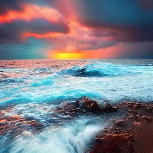 Prompt: sea photography by marc adamus, sunset, dramatic lighting, clouds, beautiful'gives instant pleasant looking photography - like images