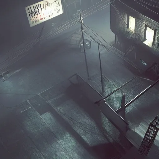 Image similar to playstation 5 screenshot of silent hill, overhead view, crazy high definition, wow