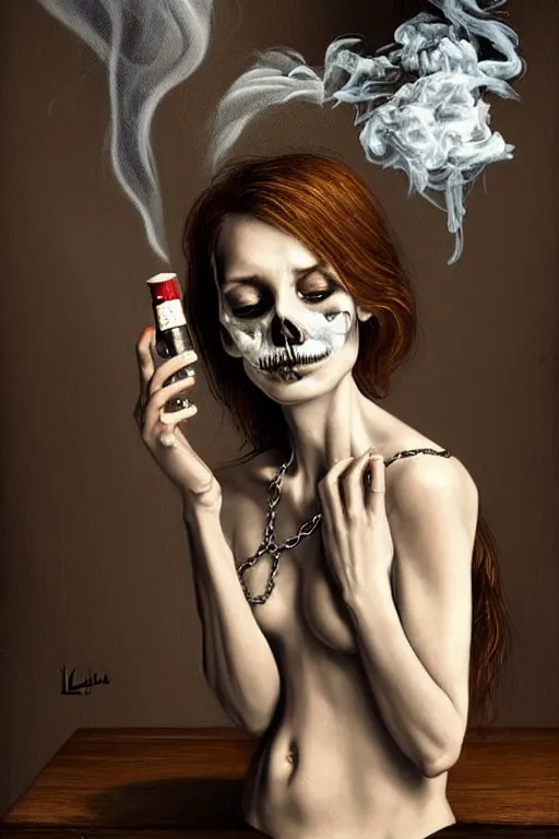 Image similar to beutifull and very tired woman. Woman is looking pile Off pills, drugs, cigarrette boxes and a skull on a wooden table, skull made out of smoke coming out of pills, fantasy, intricate, elegant, highly detailed, digital painting, artstation, concept art, addiction, chains, smooth, sharp focus, illustration, art by Ilja Repin