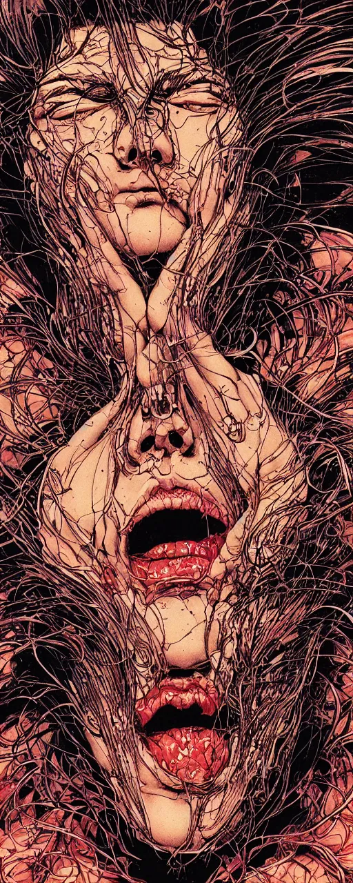 Image similar to closeup of face melting in agony, inside a frame on a tiled wall, frontal picture, by yoichi hatakenaka, masamune shirow, josan gonzales and dan mumford, ayami kojima, takato yamamoto, karol bak