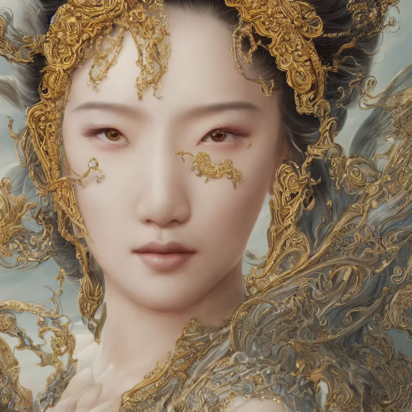 Prompt: amazing exquisite matte painting, close - up portrait of a chinese white loong, sacred,, shimmer, exquisite detail huge details, gold detailed line work, by xision and yukii morita,, james jean, trending on artstation