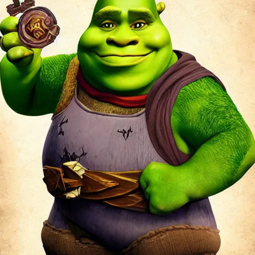 Prompt: shrek as a wizard, in a tavern, hearthstone, concept illustartion, character art,