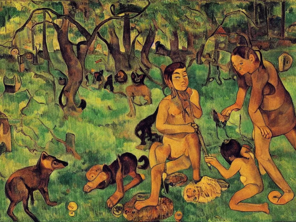 Image similar to an evil 6 - eyed wolf observing a child in the forest playing with a toy next to a hut, by paul gauguin and balthus,
