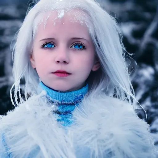 Prompt: ice dust around a frozen girl with white hair and blue eyes on the seashore