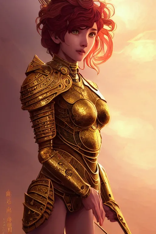 Prompt: portrait knights of zodiac girl, golden and copper armor, in ruined agora of athens sunrise, ssci - fi and fantasy, intricate and very very beautiful and elegant, highly detailed, digital painting, artstation, concept art, smooth and sharp focus, illustration, art by tian zi and wlop and alphonse mucha and ilya kuvshinov