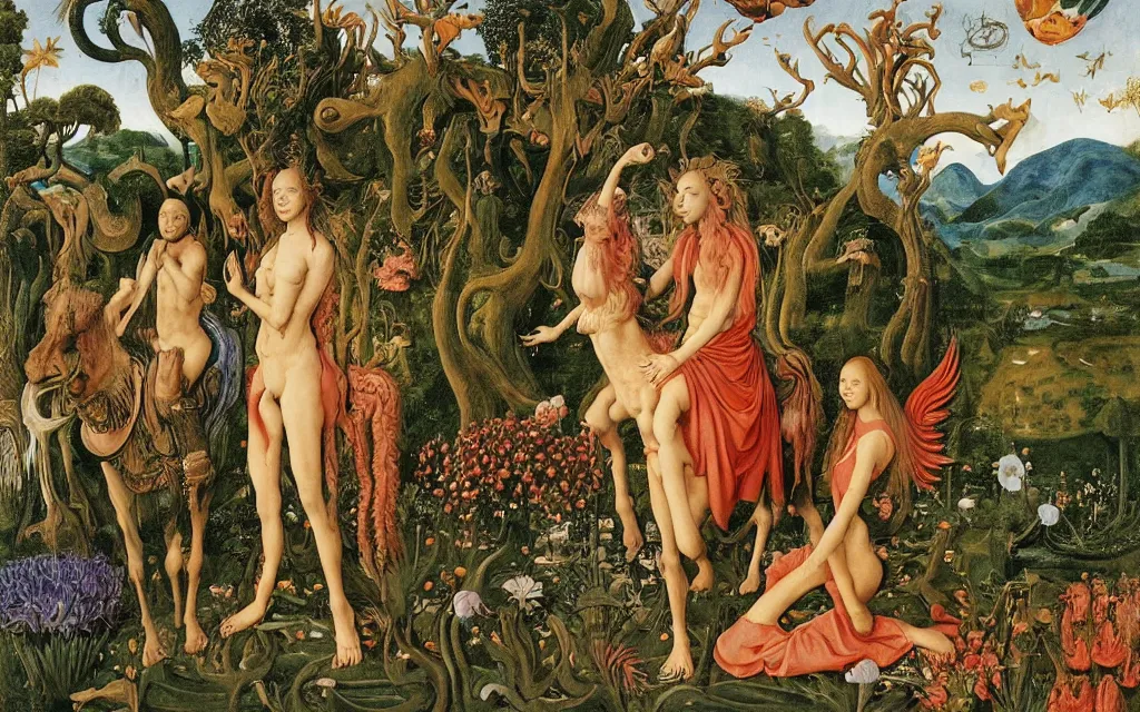 Prompt: a portrait photograph of a meditating harpy and a centaur king riding winged serpents and hugging animals at a river delta. surrounded by bulbous flowers, animals and trees. mountains range under a blue sky of burning stars. painted by jan van eyck, max ernst, ernst haeckel and ernst fuchs, cgsociety, fashion editorial, 8 k