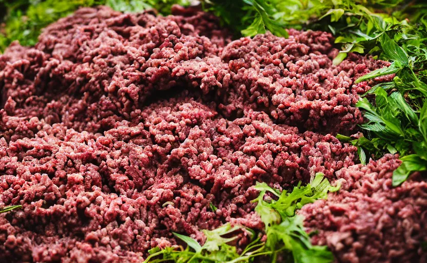 Image similar to a pile of ground beef, outdoors, product photography