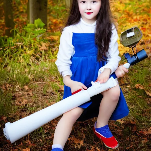 Image similar to snow - white holding a rocket launcher. portrait photography.