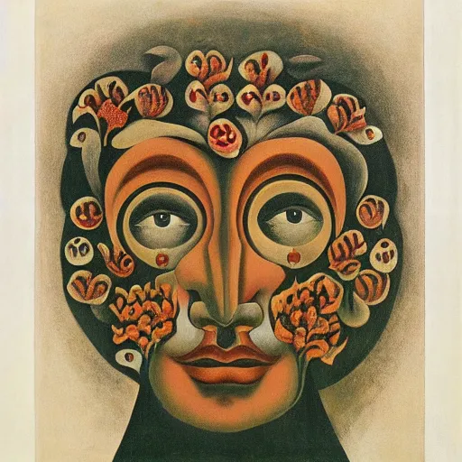 Image similar to floral face portrait by leonetto cappiello and wojciech siudmak and ernst fuchs, anni albers, oil on canvas