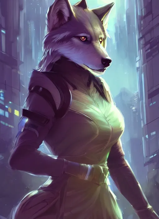 Prompt: commission of a beautiful portrait of a female anthro wolf fursona wearing jedi robes in a forested cyberpunk city. character design by charlie bowater, ross tran, artgerm, and makoto shinkai, detailed, soft lighting, rendered in octane