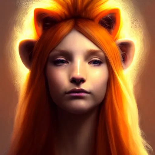 Image similar to Portrait of a girl angel with pale orange colored frizzy strands of illuminated hair, cat ears on her head, glowing halo, Lion's Mane, Lion's Gate, 8/8, fantasy, intricate, elegant, highly detailed, digital painting, artstation, concept art, smooth, sharp focus, illustration, art by Krenz Cushart and Artem Demura and alphonse mucha