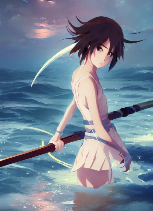 Prompt: anime girl with a katana walking on water, ripples, backdrop of dawn, saturn in the background, illustration, concept art, anime, key visual, trending pixiv fanbox by wlop and greg rutkowski and makoto shinkai and studio ghibli