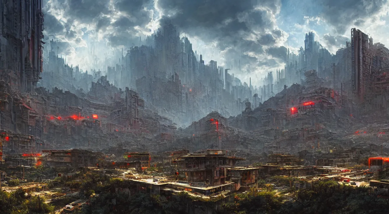 Image similar to dystopian cyberpunk city under kashmir mountains, red lights, hill valley grec greeble glory island little wood bridge, painting of tower ivy plant, in marble, late afternoon light, wispy clouds in a blue sky, by frank lloyd wright and greg rutkowski and ruan jia