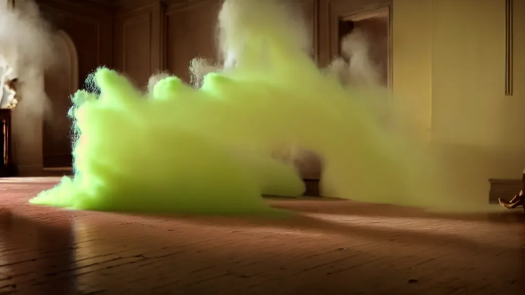 Image similar to colored powder explosion in the living room, film still from the movie directed by Denis Villeneuve with art direction by Salvador Dalí, wide lens