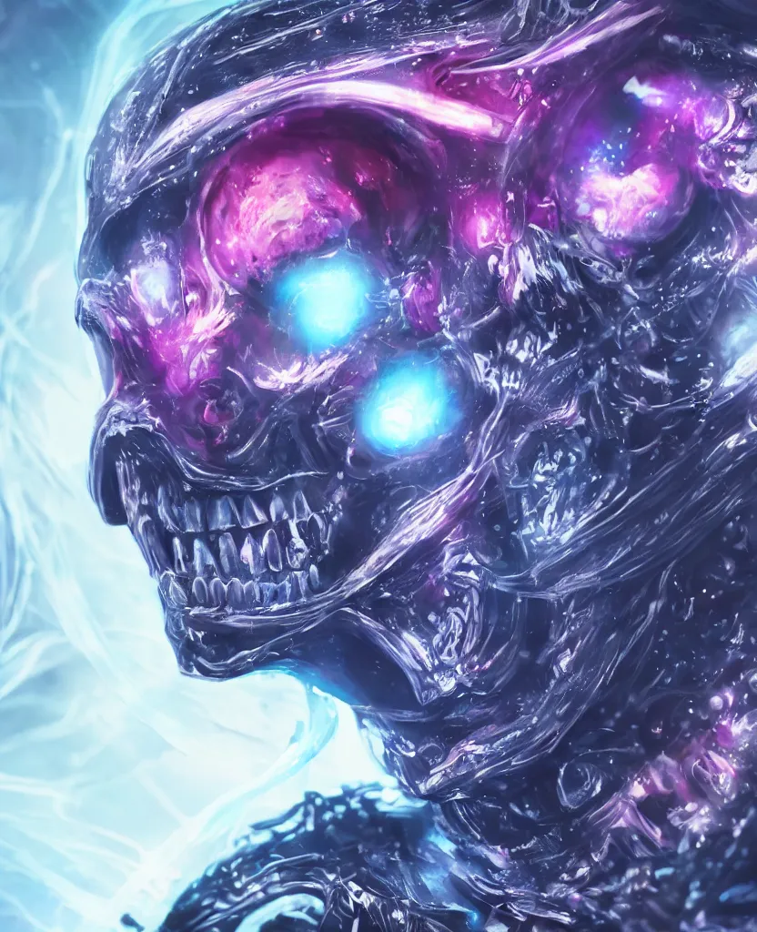 Image similar to close-up macro portrait of the face of a beautiful princess rotten skull in a spaceman suit, epic angle and pose, symmetrical artwork, 3d with depth of field, blurred background, cybernetic jellyfish female face skull phoenix bird, translucent, nautilus, energy flows of water and fire. a highly detailed epic cinematic concept art CG render. made in Maya, Blender and Photoshop, octane render, excellent composition, cinematic dystopian brutalist atmosphere, dynamic dramatic cinematic lighting, aesthetic, very inspirational, arthouse. y Greg Rutkowski, Ilya Kuvshinov, WLOP, Stanley Artgerm Lau, Ruan Jia and Fenghua Zhong