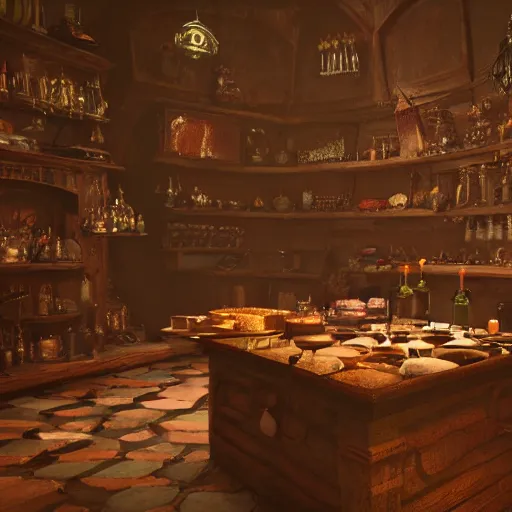 Image similar to inside a magical item shop, fantasy potion vendor interior, necromancy, ufotable studio art style, gothic interior, 8K, octane render, unreal engine,