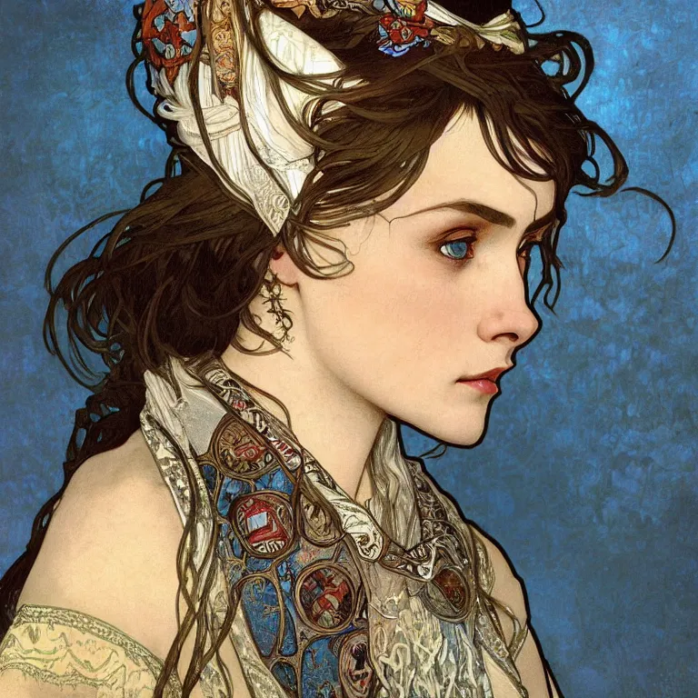 Prompt: Portrait close-up of a Slavic female cleric with kerchief covering her ears. Blue eyes, black hair, porcelain skin, full lips, high slanted cheekbones. Fantasy art by alphonse mucha, intricate, elegant, highly detailed, dramatic lighting, illustration, award winning on artstation, D&D, Dungeons and Dragons.
