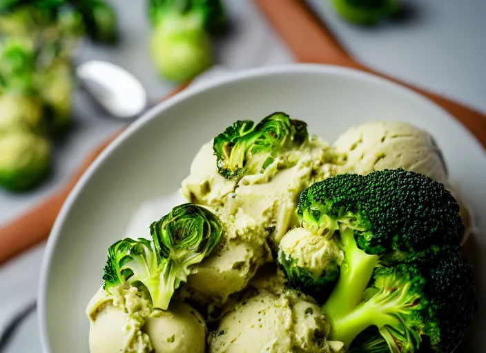 Image similar to dslr food photograph of broccoli and brussel sprout ice cream, 8 5 mm f 1. 8