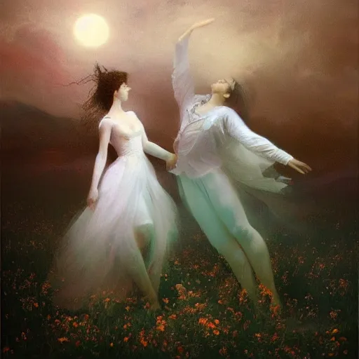 Prompt: the moonlit dance of the fae, dancers in white dancing across a flower meadow the moonlit dance by elena vizerskaya and ivan aivazovsky, perfectly detailed, artstation, sharp focus, highly detailed, studio photography, photorealism, atmospheric, trending on artstation, surrealist, volumetric lighting