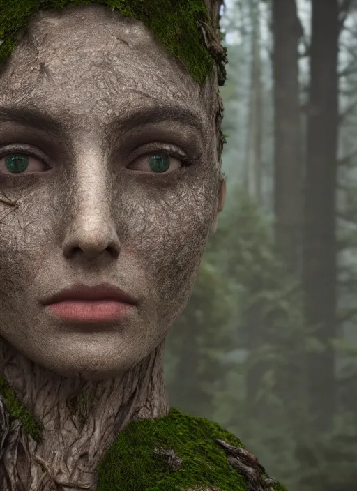 Prompt: photograph of hyperrealistic hyperdetailed ancient woman face in the shape of a tree covered with bark and moss, in a dark mysterious forest, unreal engine, octane,