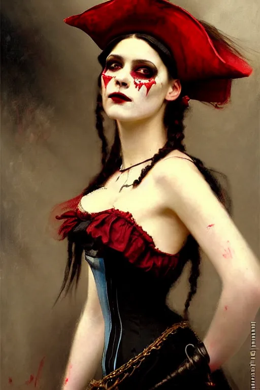 Image similar to solomon joseph solomon and richard schmid and jeremy lipking victorian genre painting portrait painting of a happy young beautiful woman punk rock goth girl german french actress model pirate wench in fantasy costume, red background