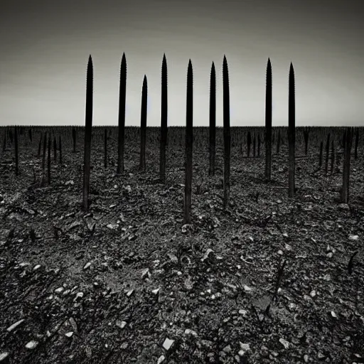 Image similar to radioactive spike field, monolithic granite spikes, one lone person standing in front of the spikes, creepy monotone black and white lighting, post nuclear fallout, desolate, no life, high resolution, old photo, distorted photo, slow corruption