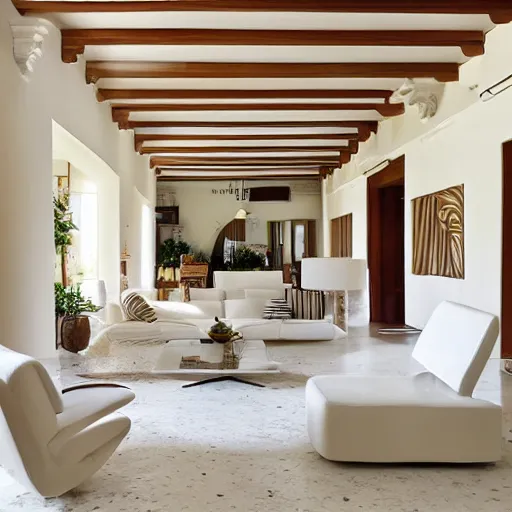 Prompt: living room of a traditional mediterranean house with white walls, wooden columns and terrazzo floors