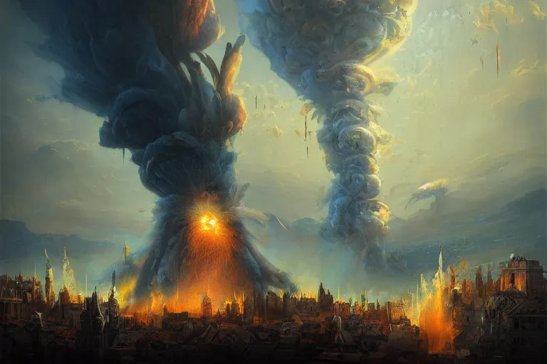 Prompt: an epic destructive nuclear explosion at renaissance florence italy during daylight in the style vincent di fate, peter mohrbacher, yoann lossel, horror element, nightmare, beautiful, nuclear mushroom smoke