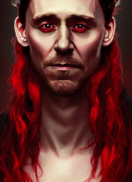 Prompt: portrait of tom hiddleston as a vampire lord, crimson peek, jewelry, greek, ruby, intricate, headshot, highly detailed, digital painting, artstation, concept art, sharp focus, cinematic lighting, illustration, art by artgerm and greg rutkowski, alphonse mucha, cgsociety