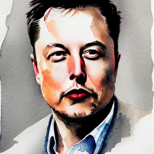 Image similar to highly detailed watercolor painting of Elon Musk, trending on artstation,