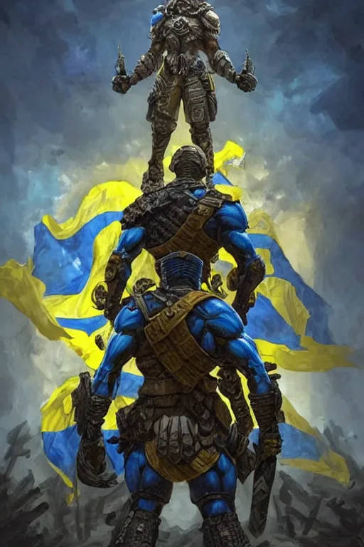 Image similar to a distant shot from behind of a Ukrainian super soldier with blue and yellow flag behind him standing alone on a huge pile of skulls as a winner, masculine muscular figure, D&D, fantasy, intricate, elegant, highly detailed, extremely detailed, digital painting, artstation, concept art, matte, smooth, hyper realistic, sharp focus, illustration, art by Artgerm and Greg Rutkowski and Alphonse Mucha