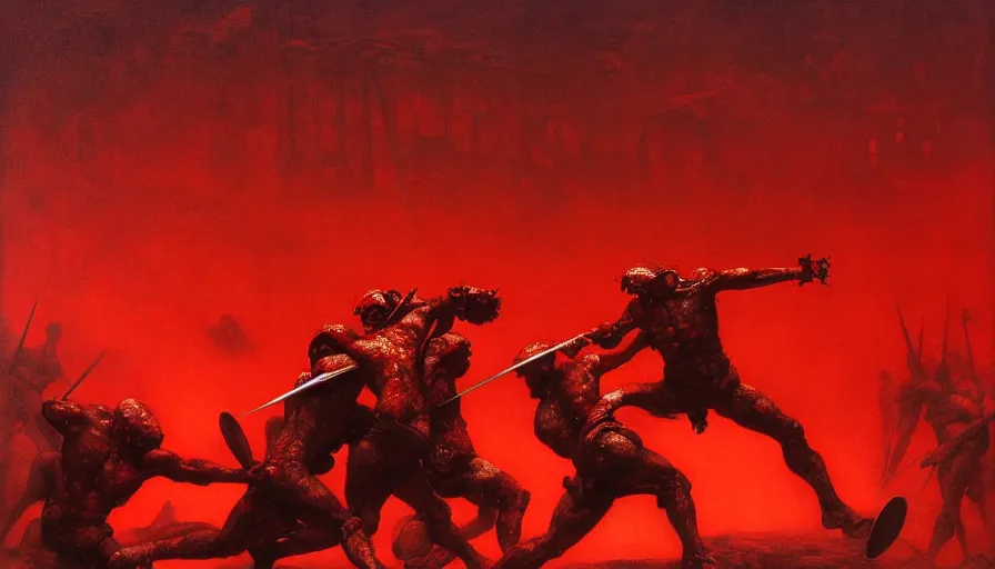 Image similar to only with red, bloody armored gladiator battle in a crowded roman amphitheatre, crowd cheering, in the style of beksinski and edward hopper and rodcenko and yue minjun and greg rutkowski, intricate and epic composition, red by caravaggio, highly detailed, masterpiece, red light, artstation, art nouveau