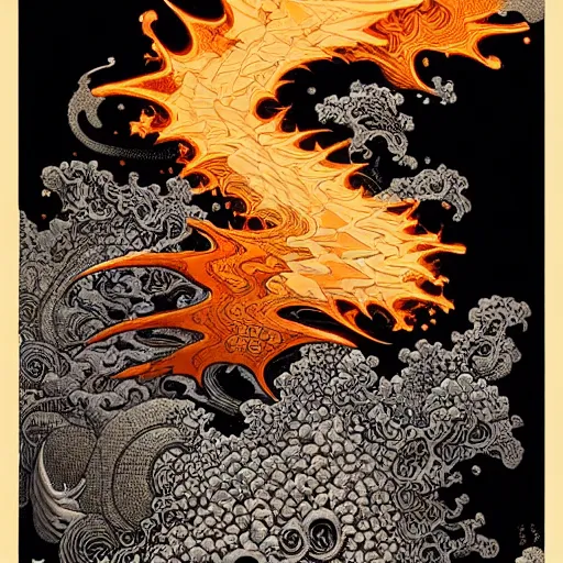 Image similar to fire turns into Nike sneakers, fire splash, black and white tones, tarot card by hokusai and james gurney, peter mohrbacher, ukiyo-e, mike mignola, bright red tones, black paper with detailed line work, mandelbulb fractal, trending on artstation, exquisite detail perfect symmetrical, gold details, hyper detailed, intricate ink illustration, golden ratio