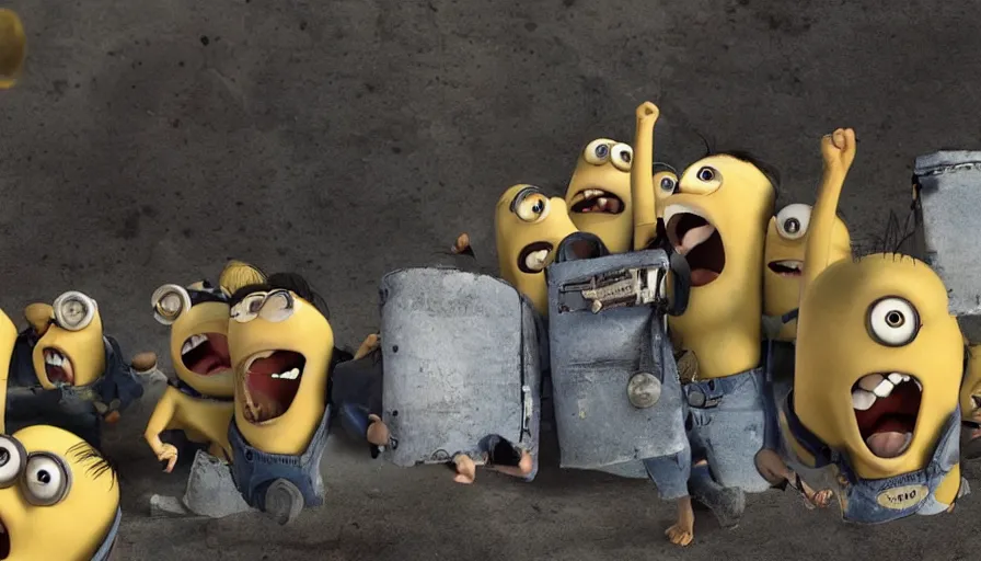 Image similar to fight!! club!!!!, fight!! club!!!! ((((the minions)))), movie still, directed by David fincher