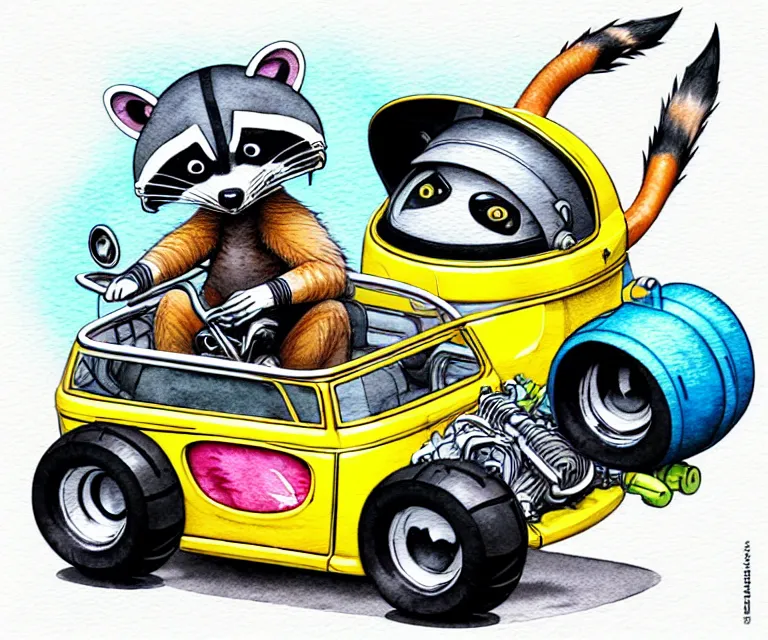 Prompt: cute and funny, racoon wearing a helmet riding in a tiny hot rod with oversized engine, ratfink style by ed roth, centered award winning watercolor pen illustration, isometric illustration by chihiro iwasaki, edited by range murata, tiny details by artgerm and watercolor girl, symmetrically isometrically centered and focused