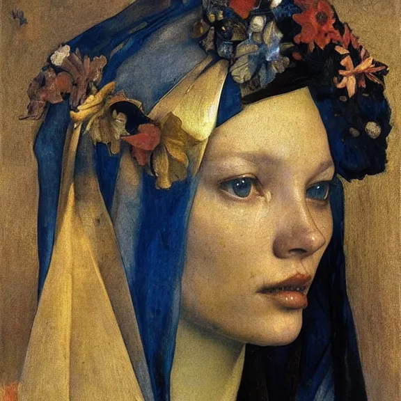 Image similar to Kate moss by Annie Swynnerton and Nicholas Roerich and Vermeer, strong dramatic cinematic lighting, ornate headdress, lost civilizations, smooth, sharp focus, extremely detailed