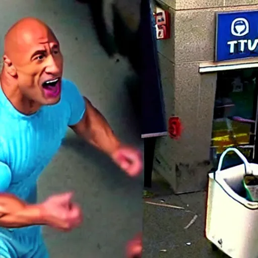 Prompt: cctv footage of dwayne the rock johnson as the tooth fairy robbing a bank