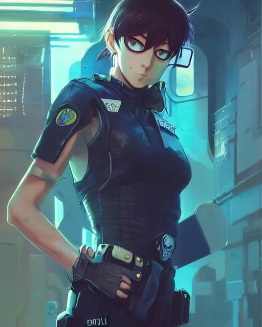 Image similar to anime key visual of a young cat female police officer, neon, cyberpunk, futuristic, stunning, highly detailed, digital painting, artstation, smooth, soft focus, illustration, art by artgerm and greg rutkowski and alphonse mucha