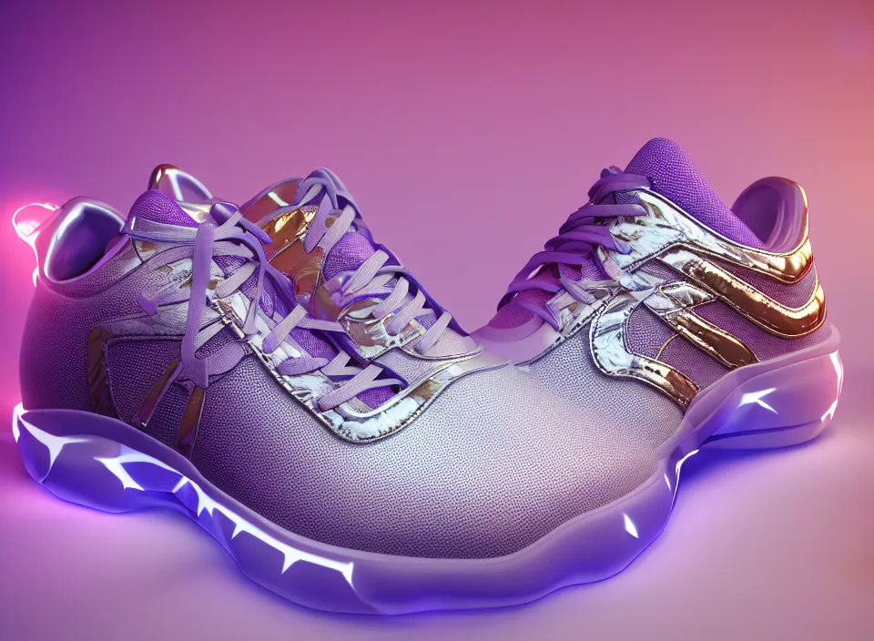 Prompt: realistic 3 d render of a futuristic sneaker, beautiful studio lighting, soft, sharp focus, neon glowing lines, intricate detail, purple and blue leather, soft white rubber, shiny plastic, hexagon mesh, gold filigree, octane render, side view, close up, trending on artstation, deviantart, nike, asics, adidas