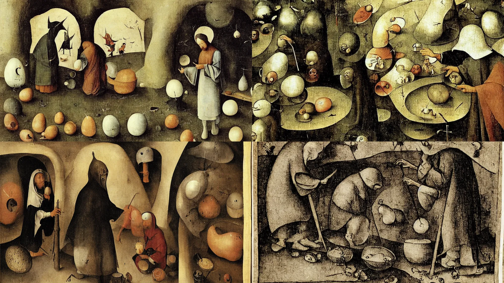 Prompt: wizard examining eggs, Hieronymus Bosch