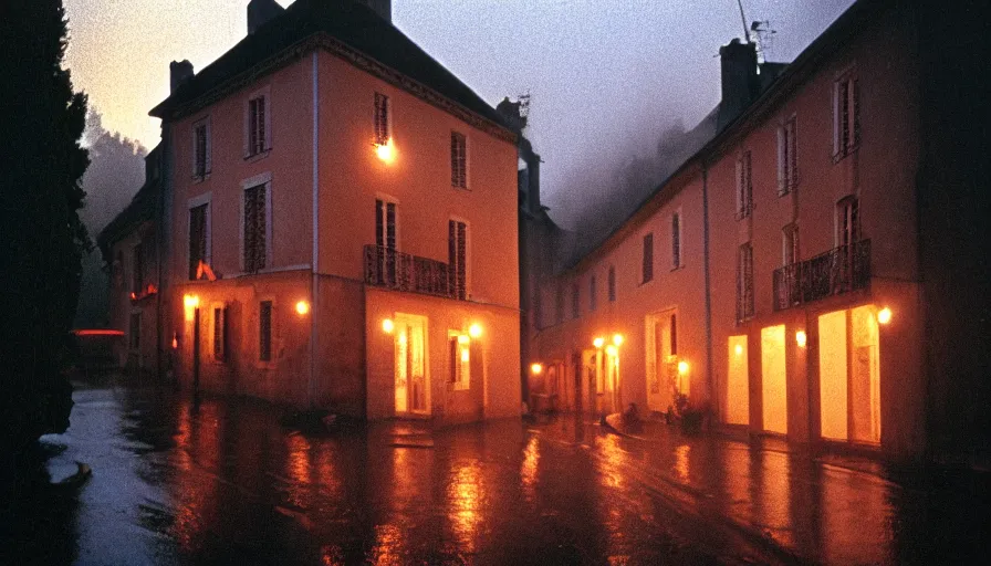 Prompt: 1 9 7 0 s movie still of a heavy burning french style townhouse in a small french village by night rain fog, cinestill 8 0 0 t 3 5 mm, heavy grain, high quality, high detail, dramatic light, anamorphic, flares