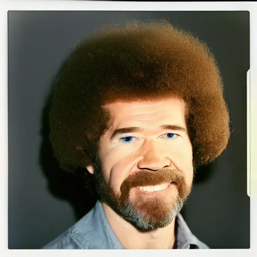 Prompt: Mugshot Portrait of Bob Ross, taken in the 1970s, photo taken on a 1970s polaroid camera, grainy, real life, hyperrealistic, ultra realistic, realistic, highly detailed, epic, HD quality, 8k resolution, body and headshot, film still, front facing, front view, headshot and bodyshot, detailed face, very detailed face
