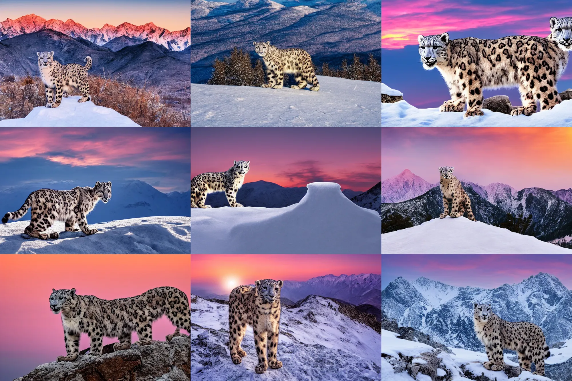 Prompt: a snow leopard standing on top of a snow covered mountain, a jigsaw puzzle by peter snow, shutterstock contest winner, naturalism, sense of awe, national geographic photo, majestic, pink line of sunset