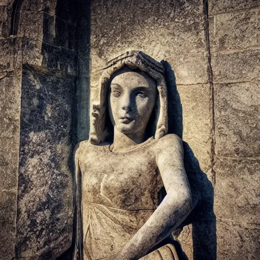 Image similar to delicate Beautiful ancient young woman near giant mysterious and eerie mausoleum, extremely high detail, photo realistic, cinematic, dramatic, post processed