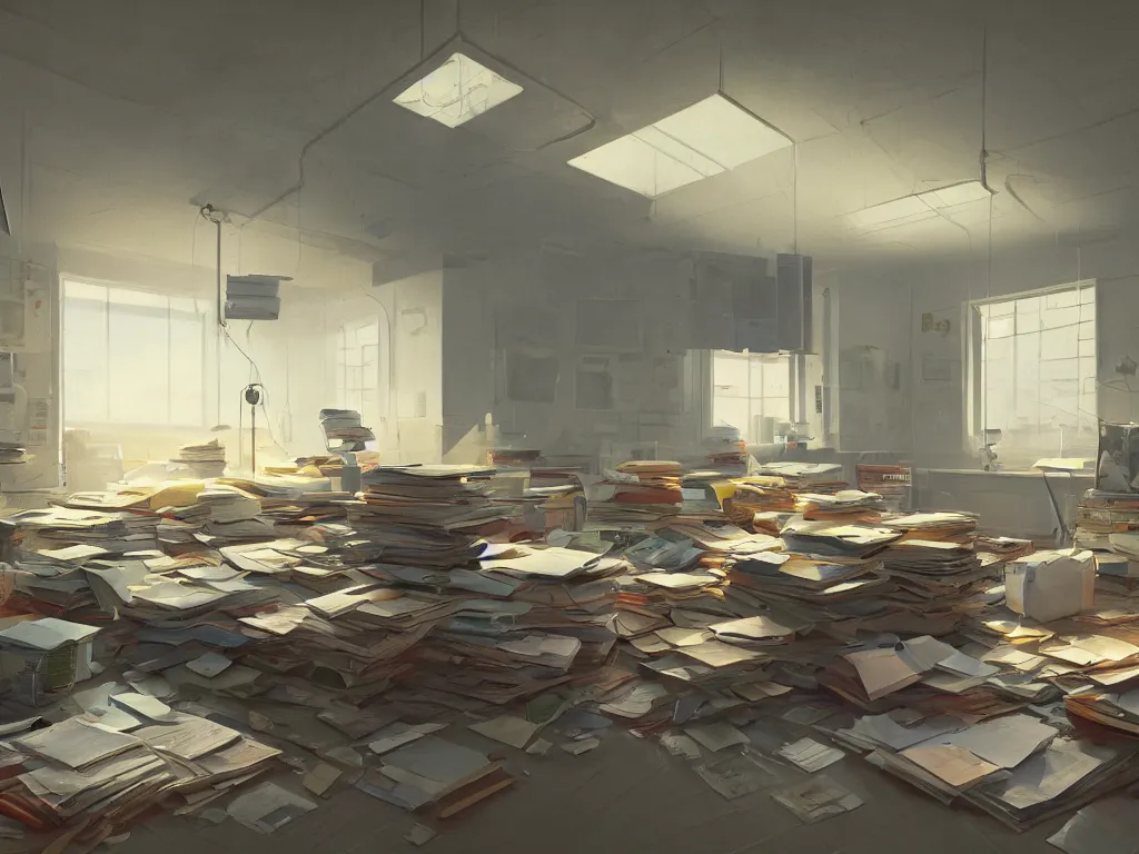 Image similar to a a huge room with large stacks of paper and files in a painting from stalenhag, 4 k, 8 k, hdr, artstation, concept art