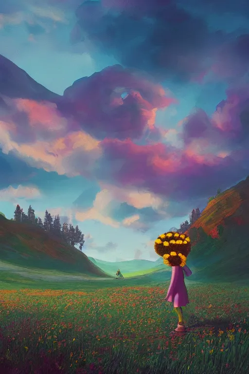 Image similar to giant daisy flower head, girl walking in the mountains, surreal photography, sunrise, dramatic light, impressionist painting, colorful clouds, digital painting, artstation, simon stalenhag