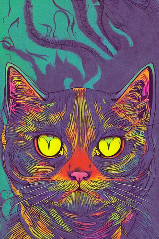 Image similar to demon cat, art by brian miller, colorful, illustration, highly detailed, simple, no jagged lines, smooth