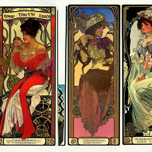 Image similar to a posters of Gypsy lady doing tarot card reading inside a gypsy caravan surrounded by cats in art nouveau from 1878, Alphonse Mucha, decorative panels, old paper, soft colors