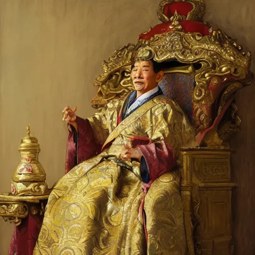 Prompt: portrait of the emperor of japan dressed as a chicken, sitting on his throne at his palace, highly detailed painting by gaston bussiere, craig mullins, j. c. leyendecker 8 k